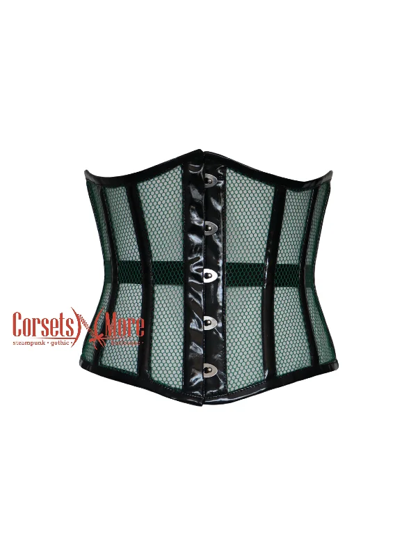 Corset in muted pewter-Veronica Nightshade Green Mesh With Black PVC Leather Corset Top