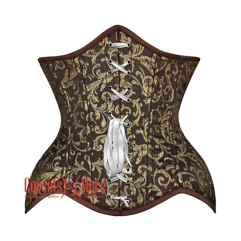 Corset for graceful style-Brown And Golden Brocade White Lace Design Double Bone Steampunk Gothic Waist Training Underbust Corset