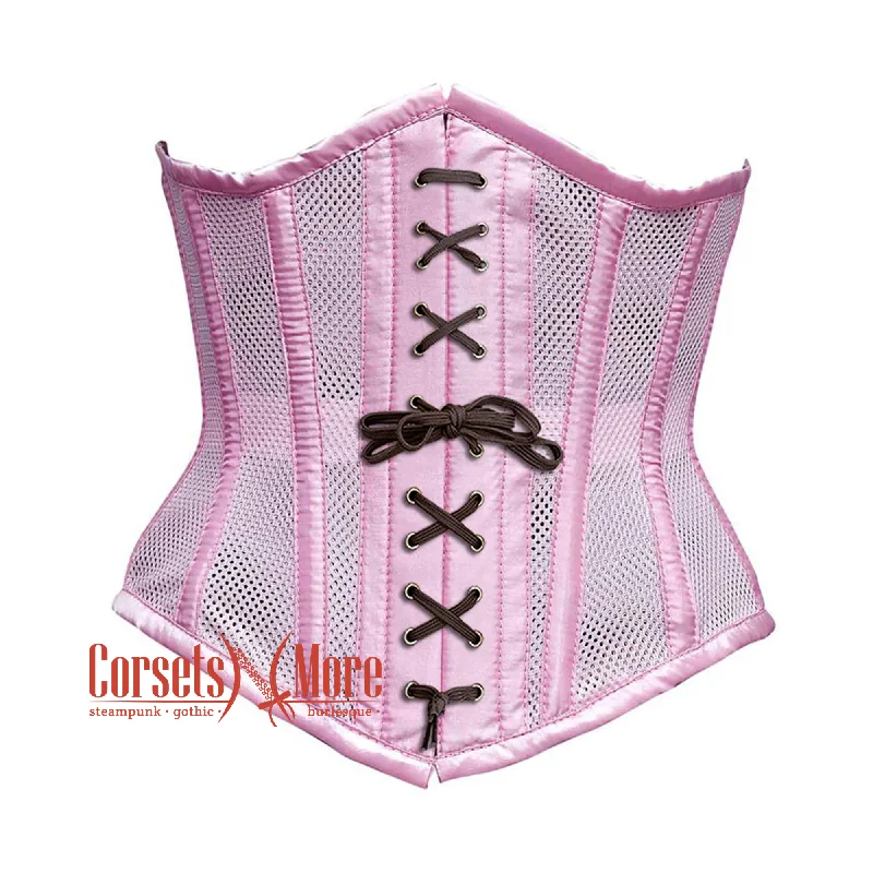 Corset top with ruched ribbon-Baby Pink Mesh Satin Stripes Burlesque Front Brown Lace Waist Training Underbust Corset