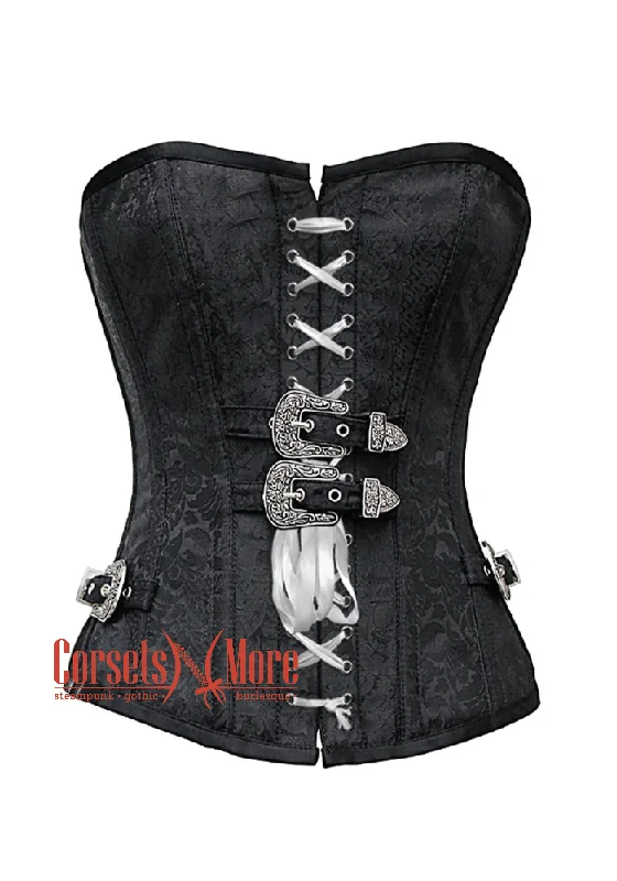 Corset in light sienna-Black Brocade Front Lace Gothic Costume Waist Training Bustier Overbust Corset Top