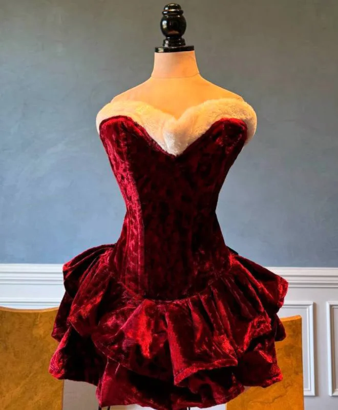 Corset top with draped trim-Authentic Santa corset dress with fluffy skirt, red Christmas velvet dress. Prom, Valentine, mini wedding dress