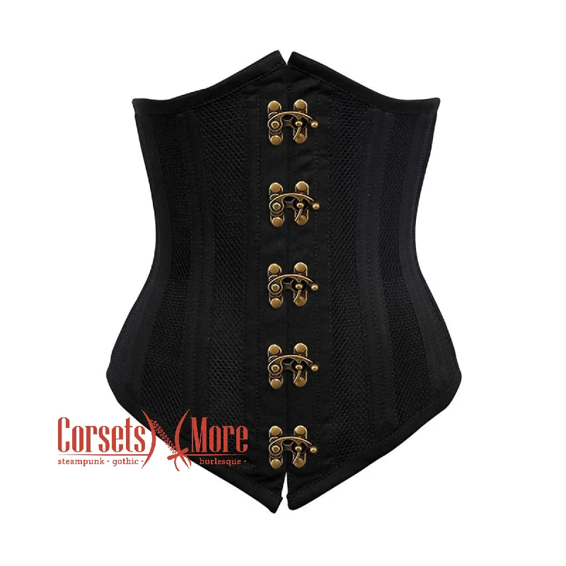 Corset top with sheer trim-Black Cotton Mesh Double Boned Front Antique Clasps Long Underbust Steampunk Corset