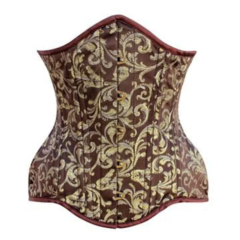 Corset with lace edging-Golden And Brown Brocade Double Bone Gothic Underbust Bustier Corset