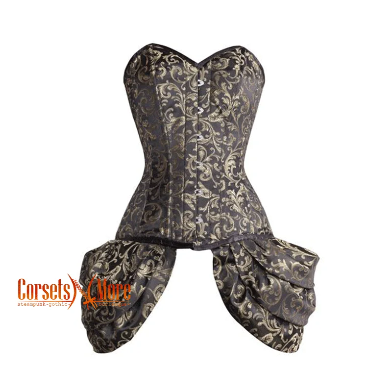 Corset with velvet ribbon-CorsetsNmore Women’s Brown And Golden Brocade With Side  Bounce Burlesque Overbust Gothic Corset