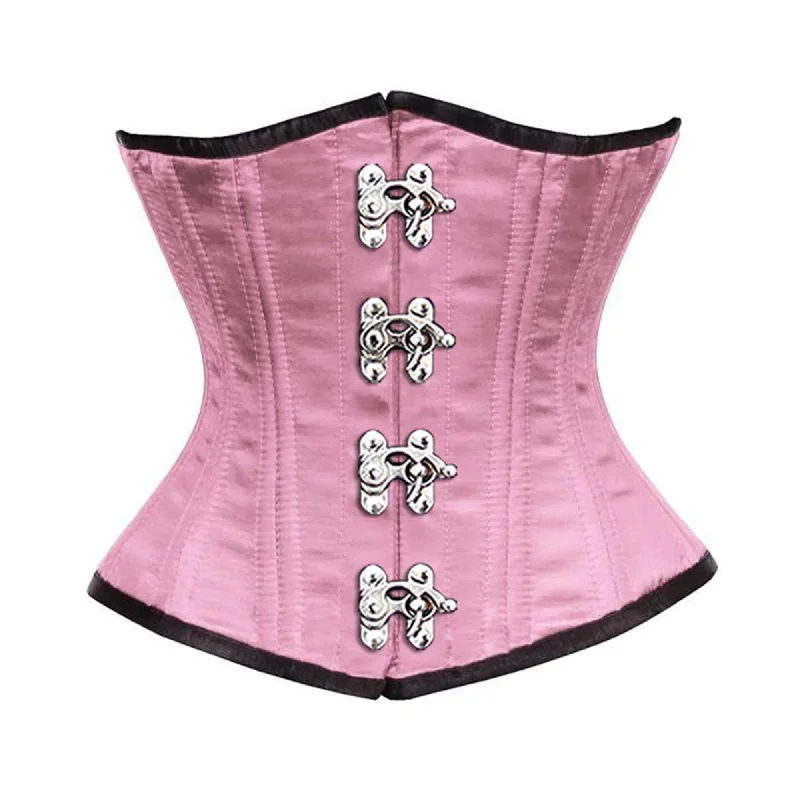 Corset with velvet hem-Baby Pink Satin Double Bone Front Silver Clasps Gothic Underbust Bustier Corset