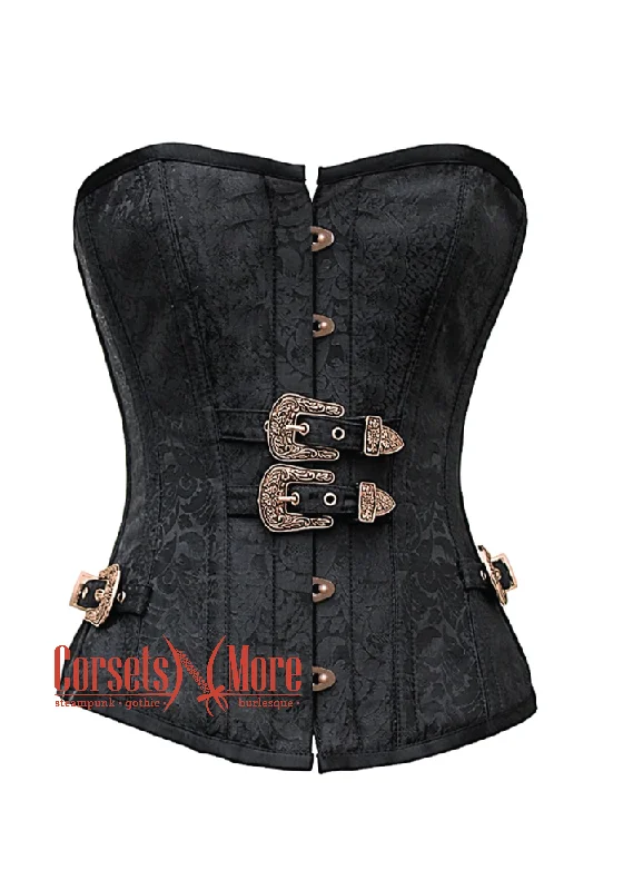 Corset in soft rose-Black Brocade Antique Buckles Clasps Gothic Costume Waist Training Bustier Overbust Corset Top