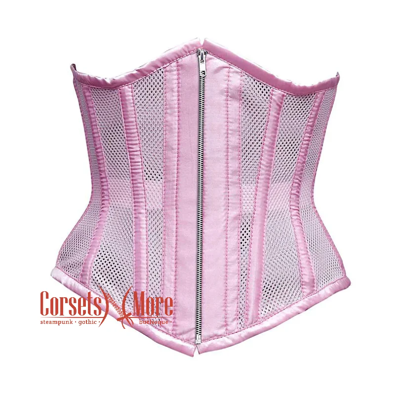 Corset dress with ruffled hem-Baby Pink Mesh Satin Stripes Burlesque Gothic Front Zipper Waist Training Underbust Corset