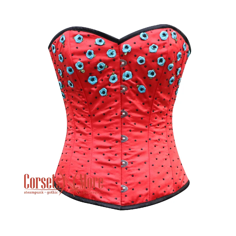 Corset top with ruched edging-Red Satin Flowers And Sequins Hand Work Burlesque Gothic Costume Overbust Bustier Top