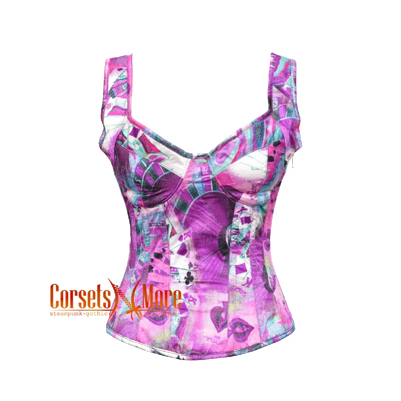 Corset top with sheer ruffle-Vibrant Printed Colorful Purple Satin Gothic Overbust With Shoulder Strap Corset