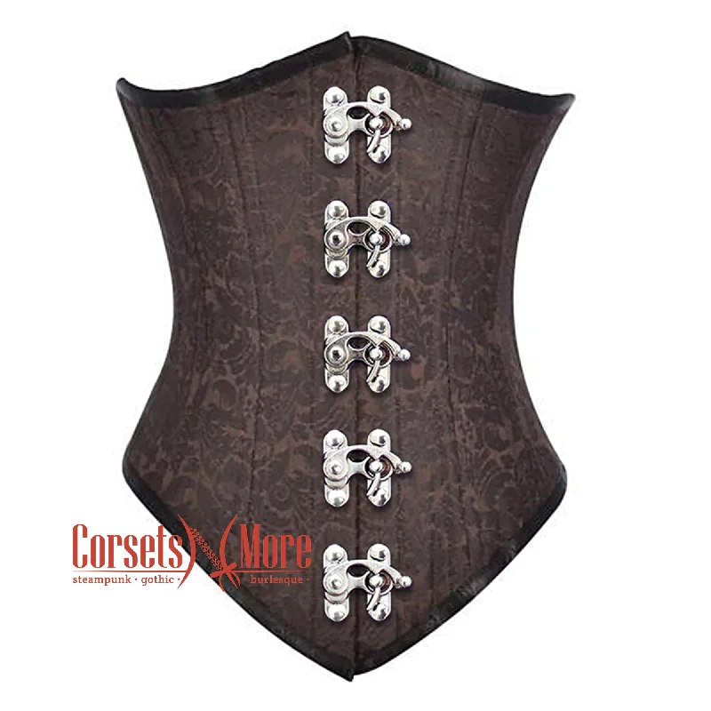 Corset top with floral ribbon-Brown Brocade With Front Clasps Gothic Long Underbust Waist Training Corset