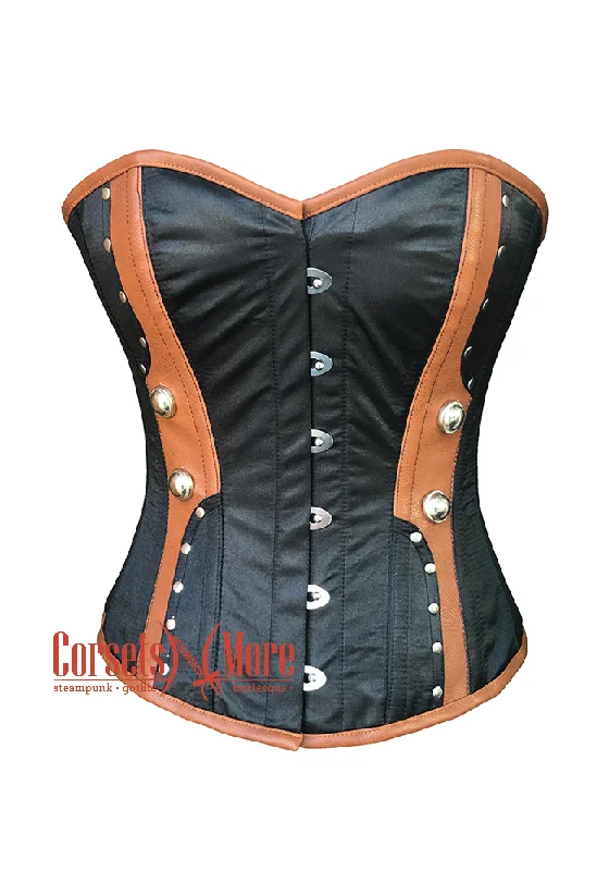 Corset in light cerulean-Black Satin Brown Leather Steampunk Costume Overbust Corset Top