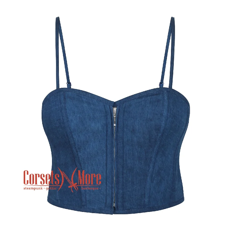 Corset in muted violet-Blue Denim With Shoulder Straps Zipper Steampunk Gothic Crop Underbust Waist Training Corset