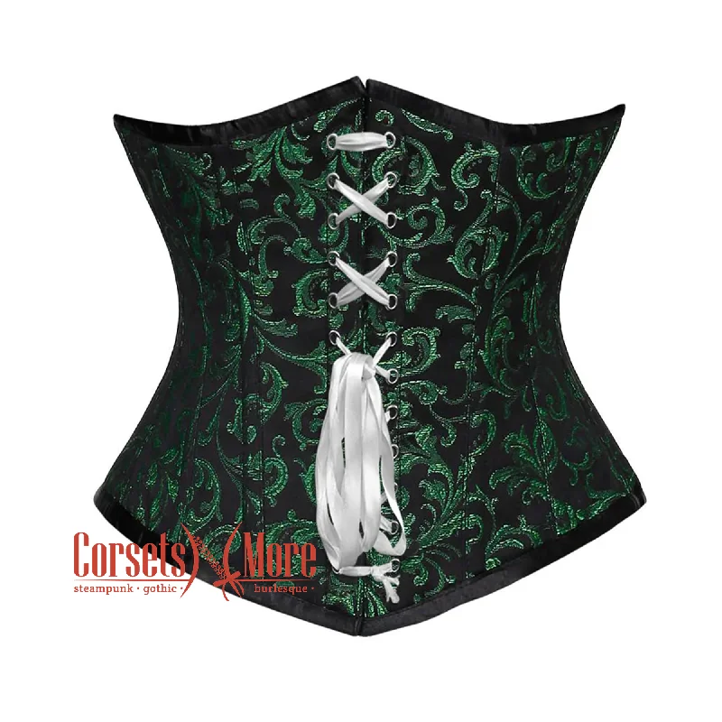 Corset in soft sienna-Plus Size Green And Black Brocade With Front White Lace Underbust Corset Gothic Costume Bustier Top