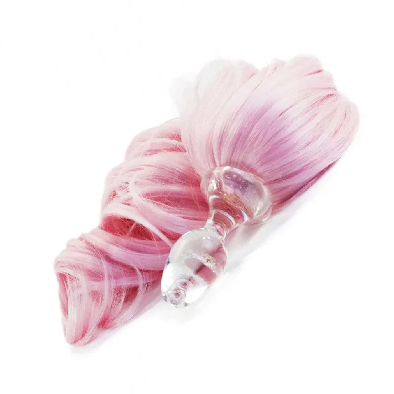 BDSM toy collar grips-Pink Detachable Ponytail Glass Butt Plug