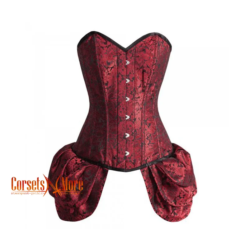 Corset with satin ribbon-CorsetsNmore Women’s Red And Black Brocade With Side Bounce  Burlesque Overbust Gothic Corset