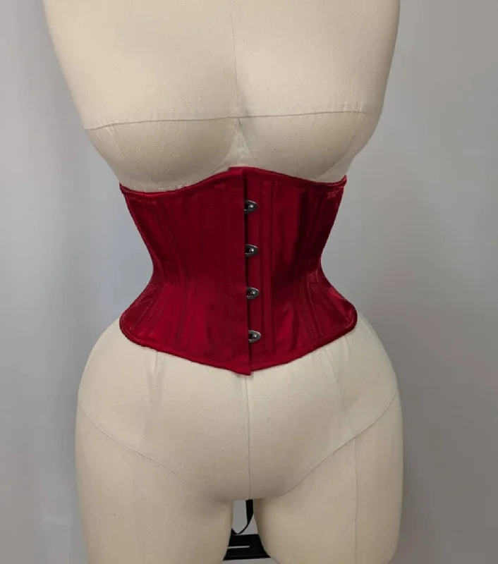 Corset top in muted peach-Liquid Red Satin Steel Boned Waspie Underbust Corset