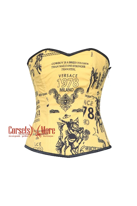 Corset top with floral edging-Solara Goldenfield Yellow Printed Zipper Corset Costume Plus Size Overbust Top