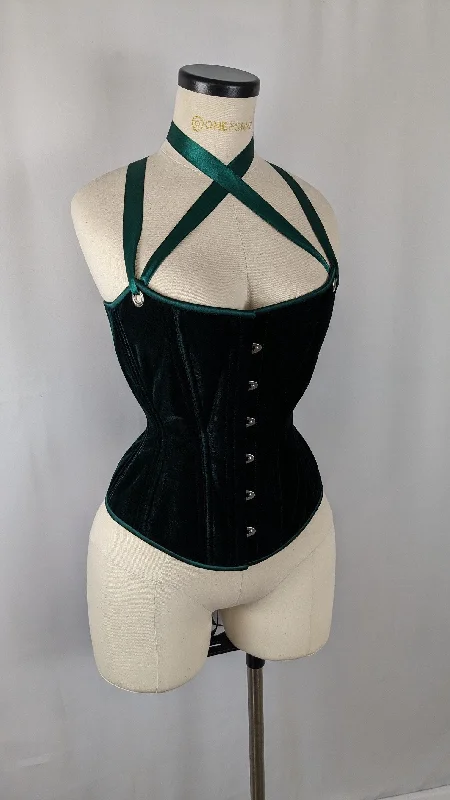 Corset with floral stitching-Green Velvet Scoop Neck Steel Boned Overbust Corset