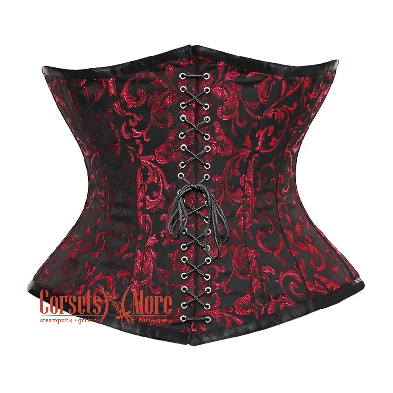 Corset top with velvet piping-Red And Black Brocade Front Lace Waist Training Steampunk Costume Underbust Corset