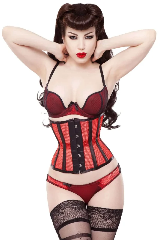 Corset top in vivid coral-Playgirl Eve Red Net Mesh Cincher Corset With Black