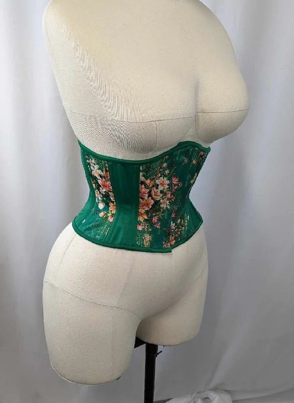 Corset dress for winter glamour-Green Floral Silk Steel Boned Waspie Underbust Corset