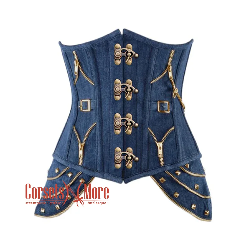 Corset dress for winter style-Blue Denim Gothic Heavy Duty Antique Clasps Steampunk Waist Training Underbust Corset