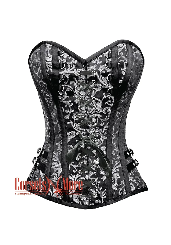 Corset with satin piping-Plus Size Black and Silver Brocade Front Lace Steampunk Overbust Costume Corset