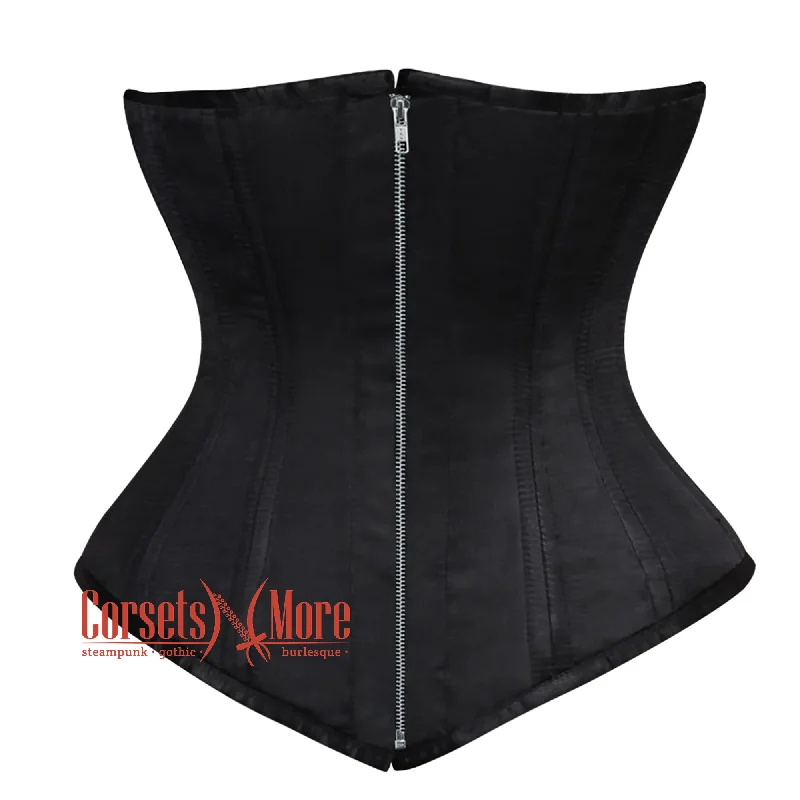 Corset in muted sienna-Black Satin Double Boned Front Zipper Longline Underbust Steampunk Corset