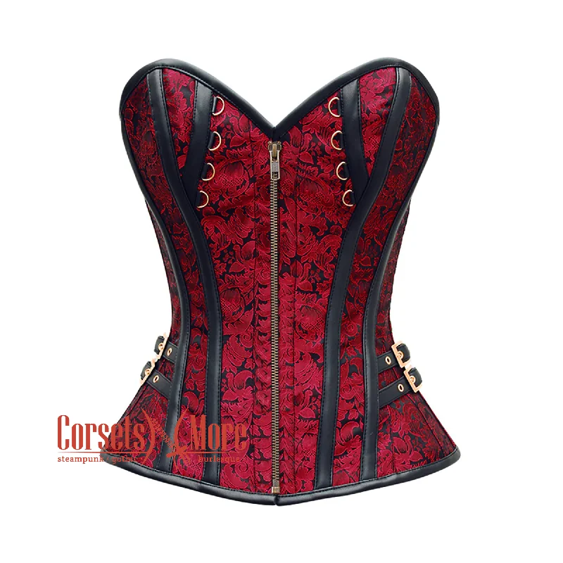 Corset top in light violet-Red And Black Brocade Front Zipper Steampunk Costume Gothic Corset Overbust Top