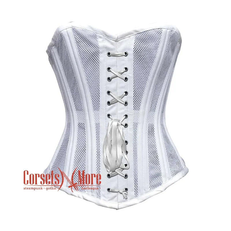 Corset top with sheer hem-Plus Size White Satin With Mesh Front Lace Double Bone Overbust Corset Bustier