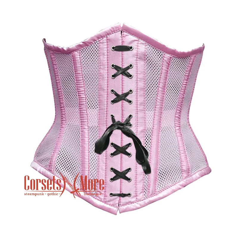 Corset with velvet piping-Plus Size Baby Pink Mesh Satin Stripes Burlesque Front Black Lace Waist Training Underbust Corset