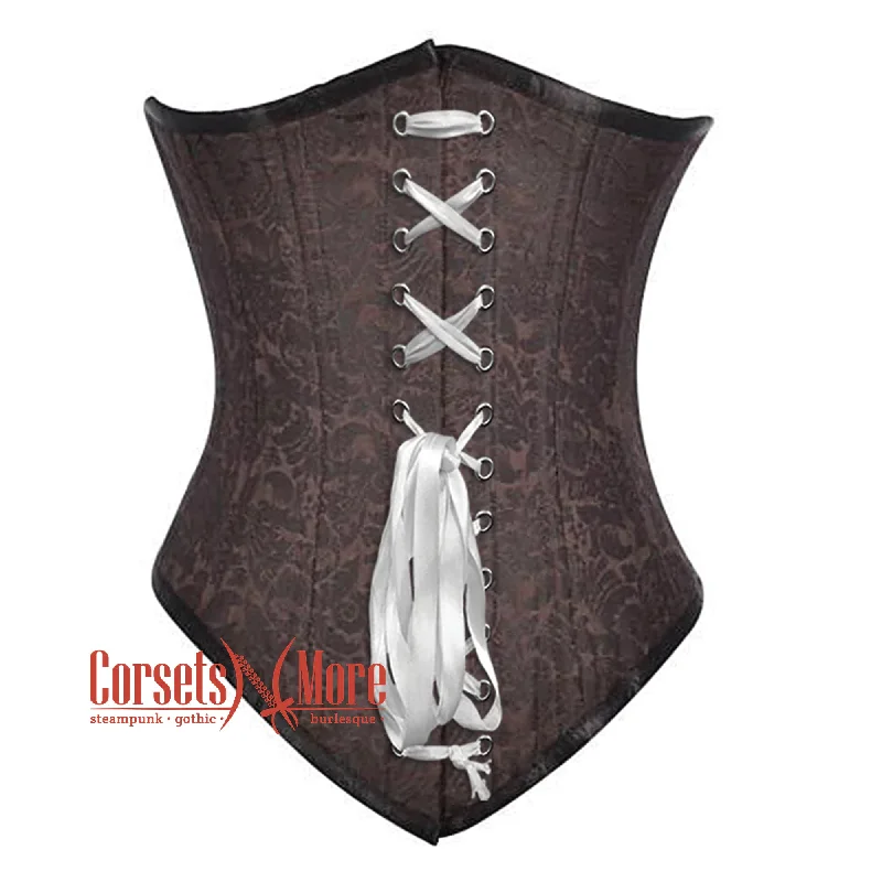 Corset with satin edging-Brown Brocade With White Lace Gothic Long Underbust Waist Training Corset