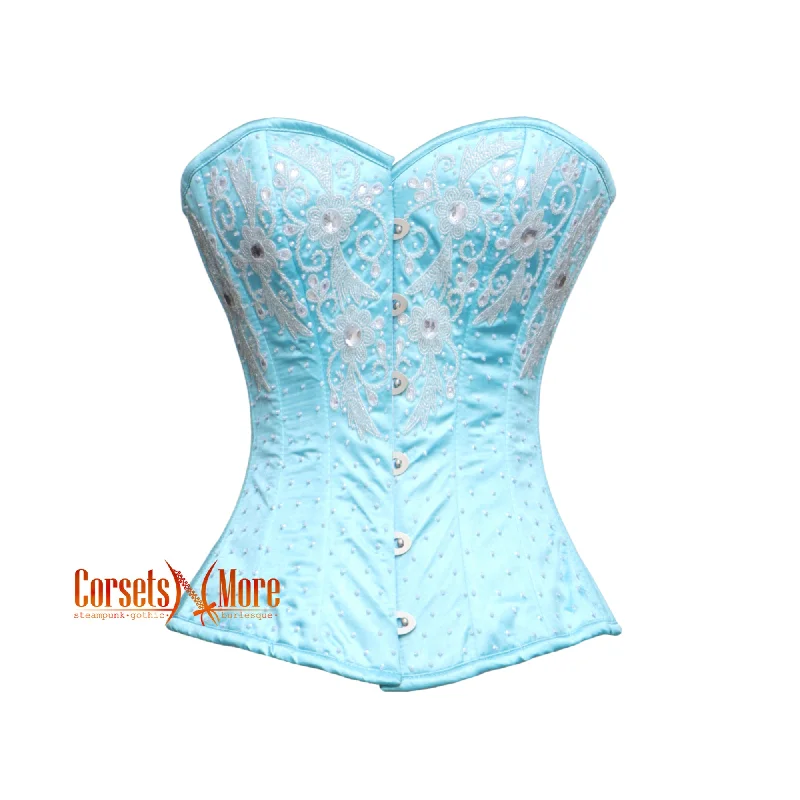 Corset with floral trim-Light Blue Satin White Sequins Burlesque Overbust Corset Drag Queen Costume