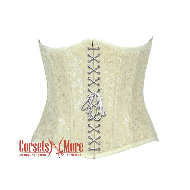 Corset with satin piping-Plus Size Ivory Brocade Front Lace Gothic Burlesque Waist Training Underbust Corset Bustier Top