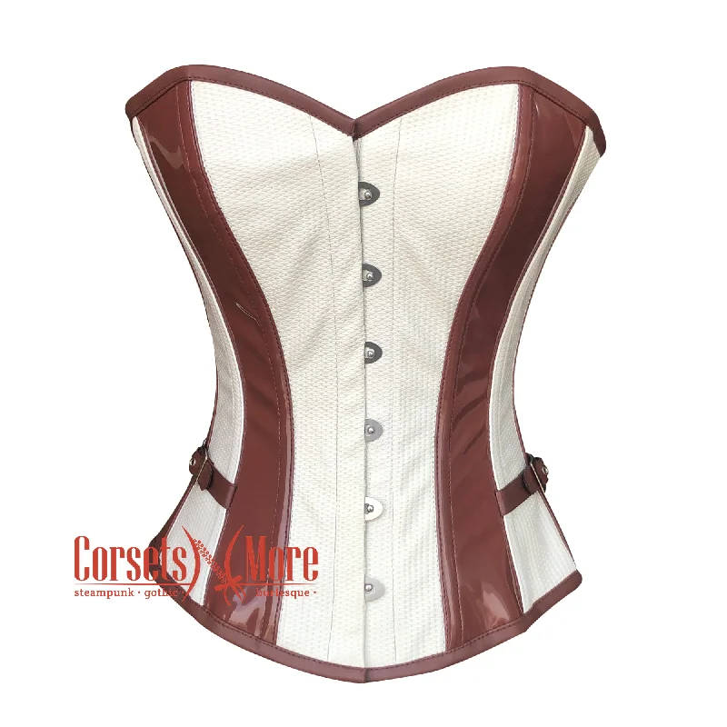 Corset for graceful contours-White Rice Leather And Brown PVC Steampunk Overbust Waist Cincher Corset