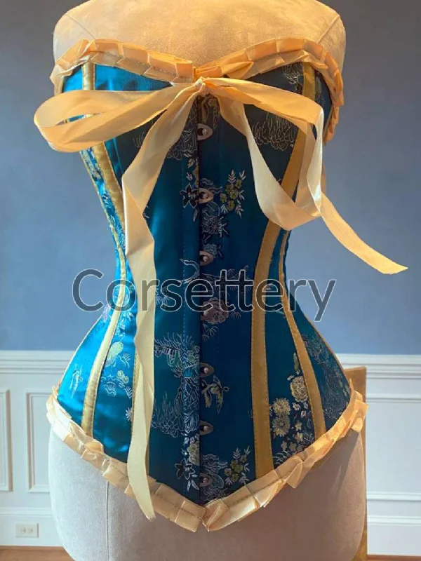 Corset with floral mesh-Bright blue brocade steampunk corset with ribbons and bow. Steel-boned corset for tightlacing. Prom, gothic, steampunk Victorian corset.