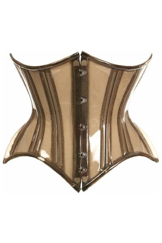 Corset with velvet piping-Lavish Mocha Clear Curvy Underbust Waist Cincher Corset