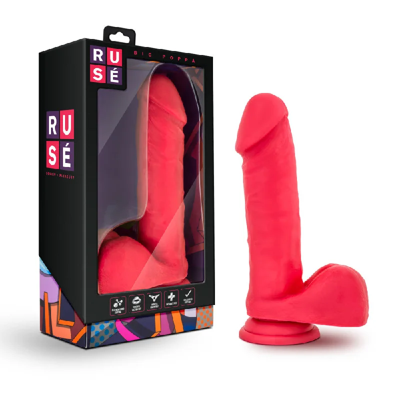 platform-dildo-Ruse By Blush® | Big Poppa Realistic G-Spot Cerise 7.75-Inch Long Dildo With Balls & Suction Cup Base