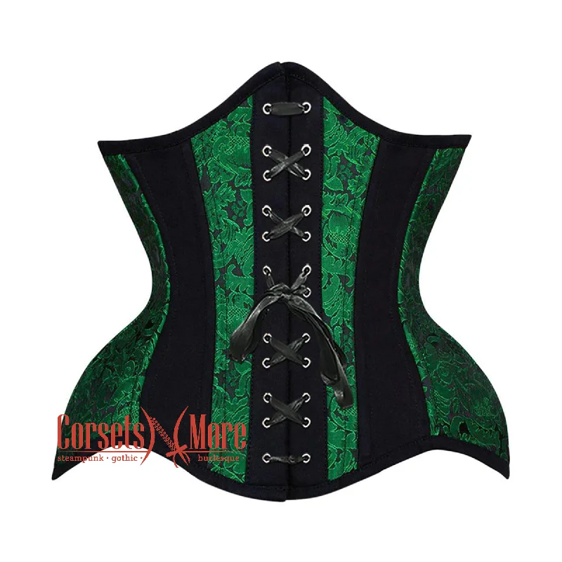 Corset in deep pewter-Plus Size Green Black Brocade Black Cotton Stripe Front Lace Steampunk Underbust Corset