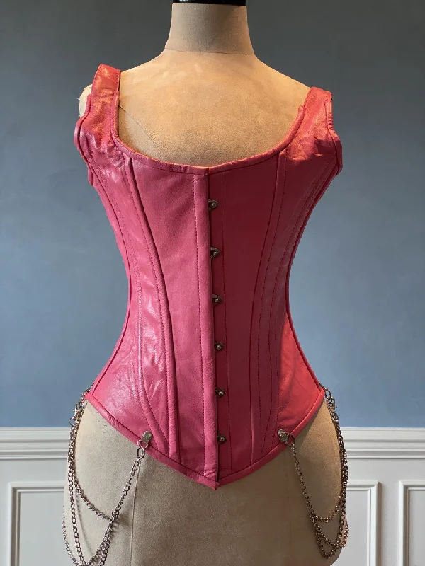 Corset dress with flared ruffles-Salmon color leather corset vest with shoulder straps and chains. Steel-boned corset top for tight lacing.