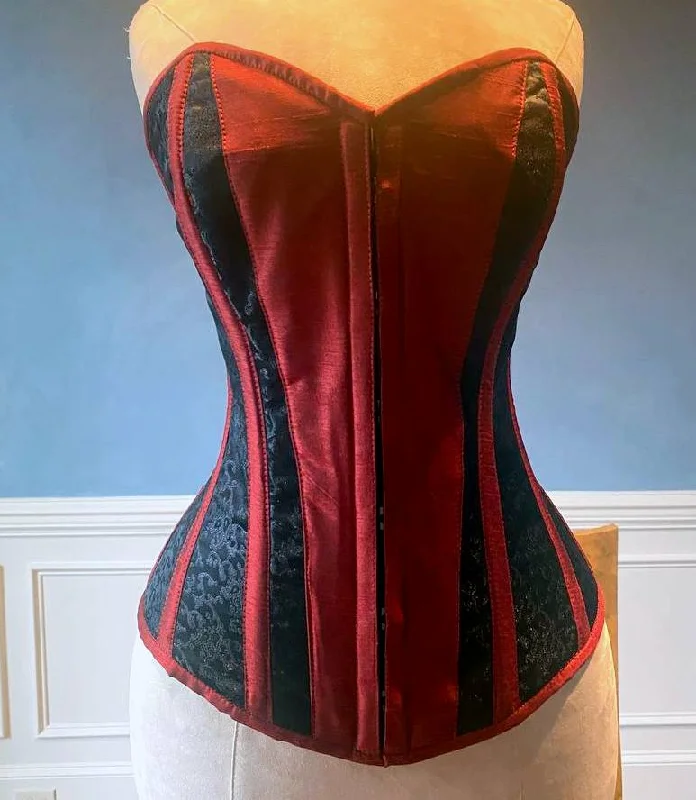 Corset with velvet cord-Classic black brocade corset with red taffeta and hidden busk. Gothic Victorian, steampunk affordable corset