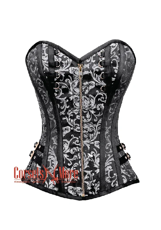 Corset top in soft violet-Black and Silver Brocade With Antique Zipper Steampunk Overbust Costume Corset