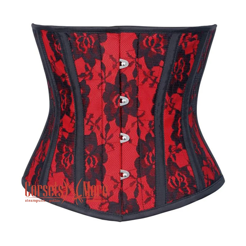 Corset for sleek style-Red Satin Net Overlay Burlesque Waist Training Underbust Corset