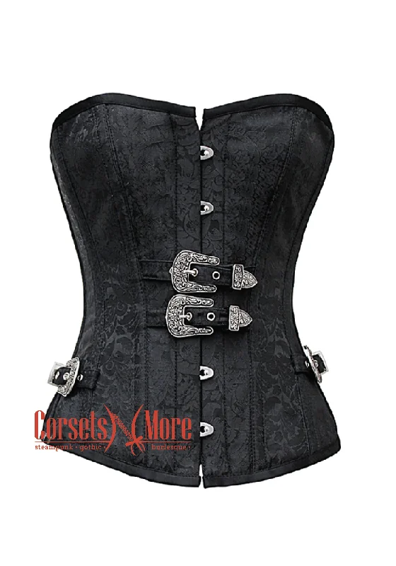 Corset for stylish chic-Black Brocade Silver Buckles Gothic Costume Waist Training Bustier Overbust Corset Top