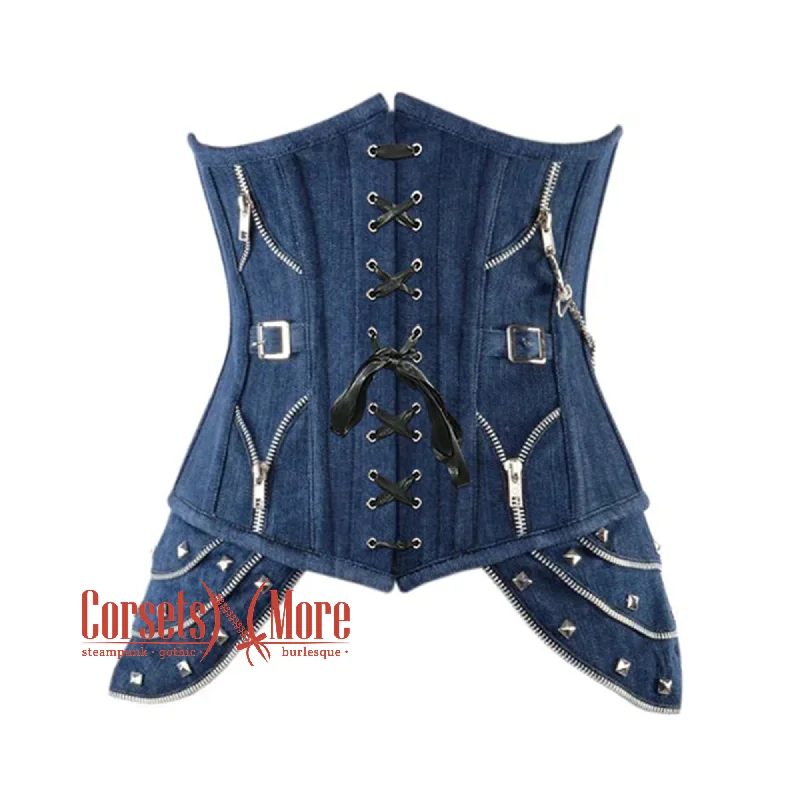 Corset with lace inserts-Blue Denim Gothic Heavy Duty Lace Design Steampunk Waist Training Underbust Corset