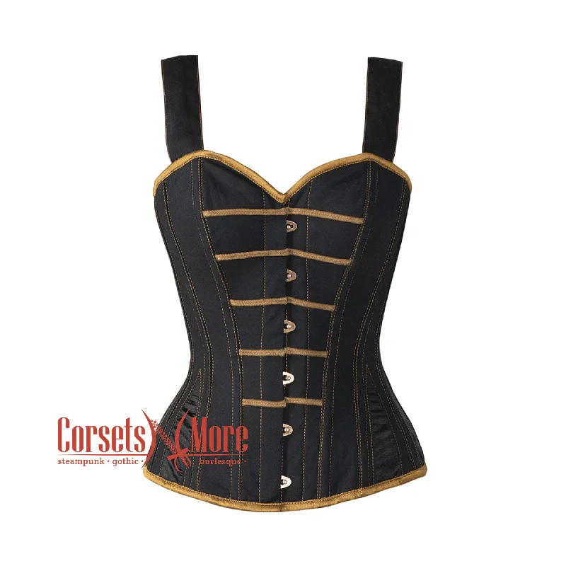 Corset dress with lace hem-Black Denim With Shoulder Straps Overbust Waist Training Steampunk Corset