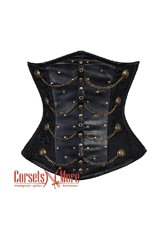 Corset with floral piping-Black Leather Steampunk Underbust Costume Corset