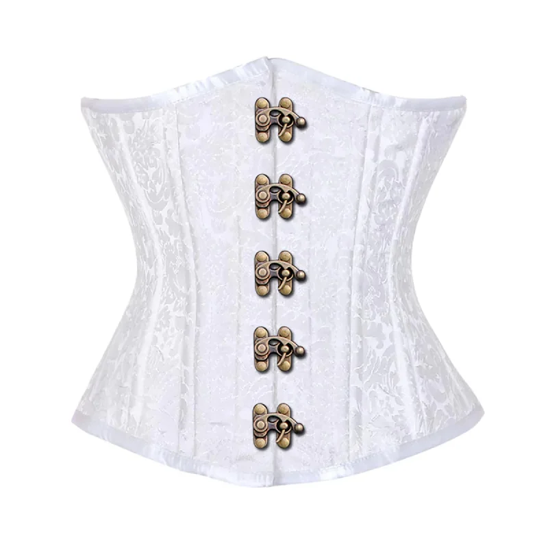 Corset top with floral ribbon-White Brocade Double Bone Front Antique Clasps Gothic Underbust Bustier Corset