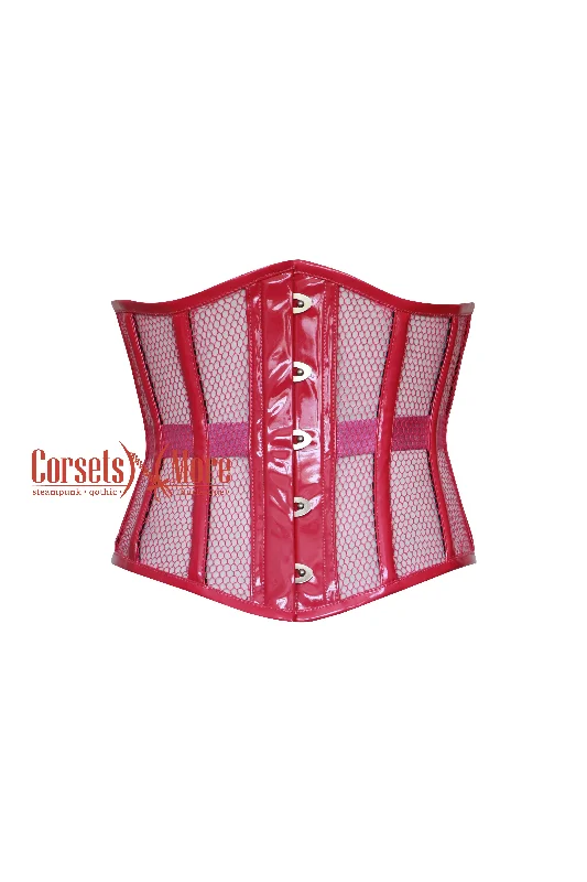 Corset with satin edging-Hot Pink Sheer With PVC Leather Gothic Costume Plus Size Underbust Corset