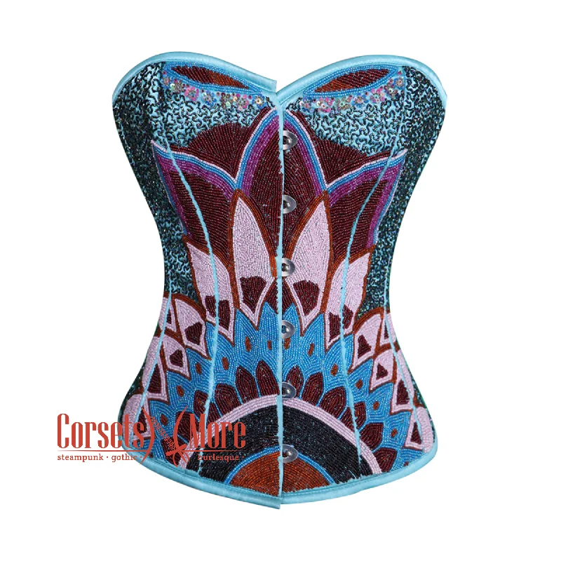 Corset in light violet-Baby Blue Satin Sequins Work Burlesque Waist Training Gothic Overbust Corset Top